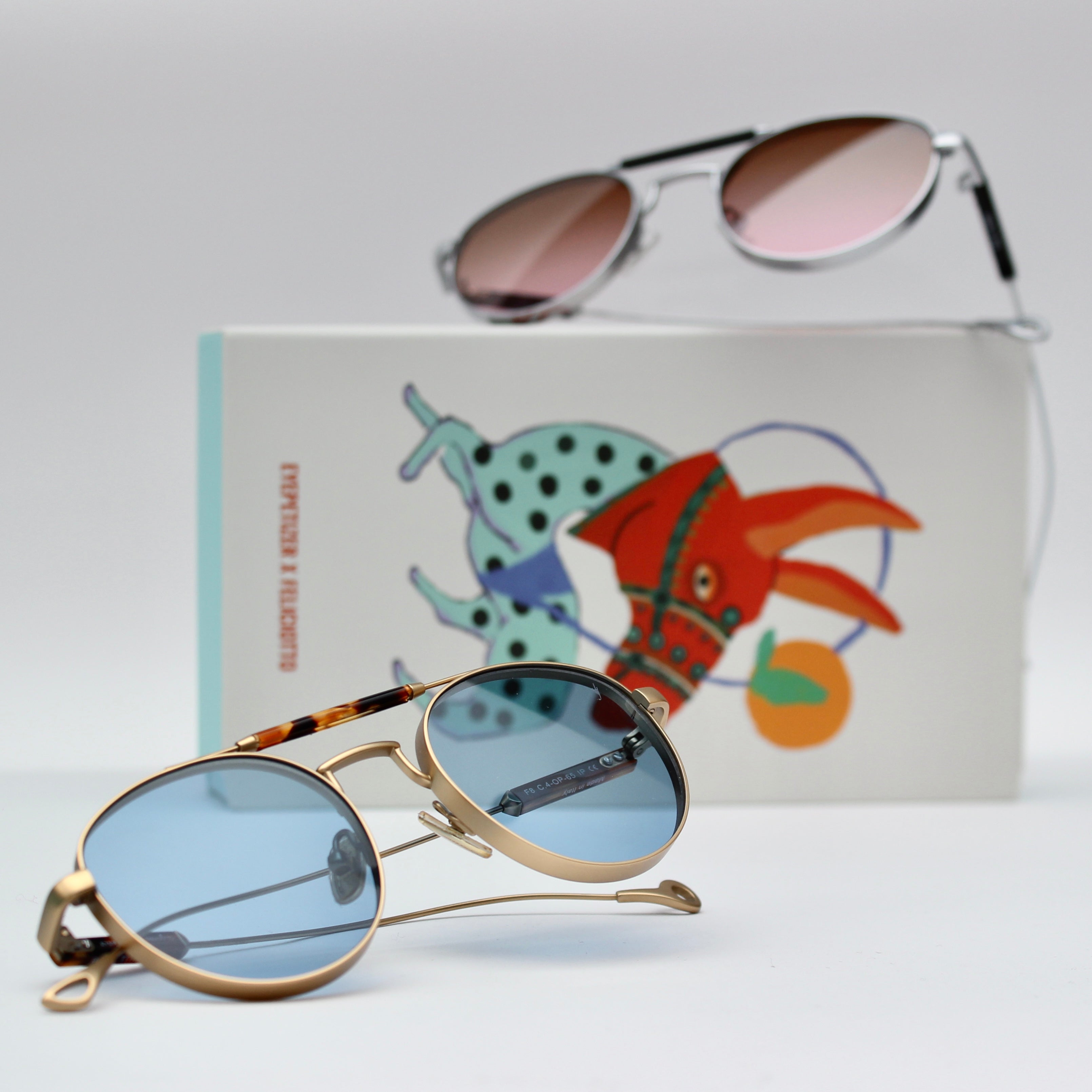 Eyepetizer x Feliciotto F8 Oro Matt e Havana con Lenti Blu | Occhiali da Sole in Titanio