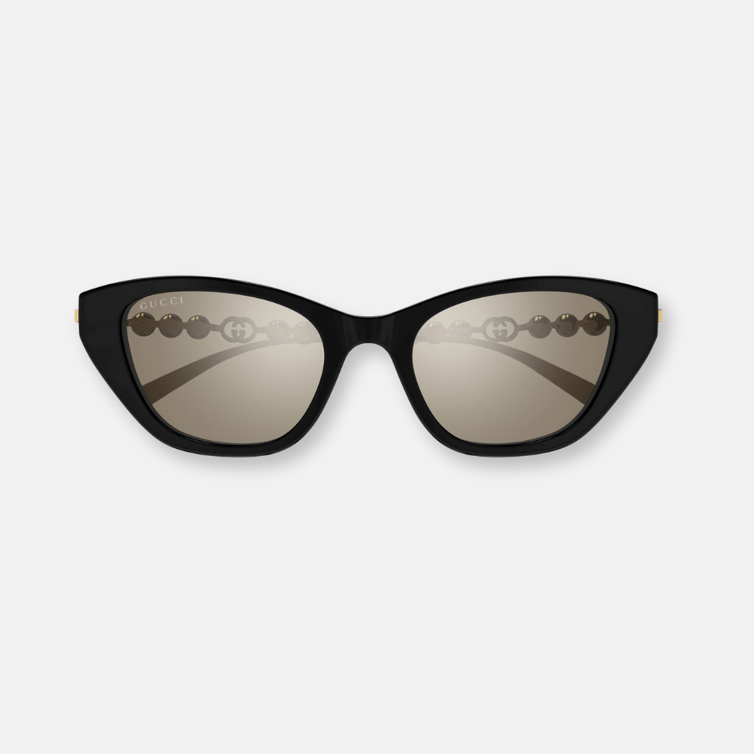 Gucci GG1968S 004 women's cat-eye sunglasses black gold temples beige lenses electric flash