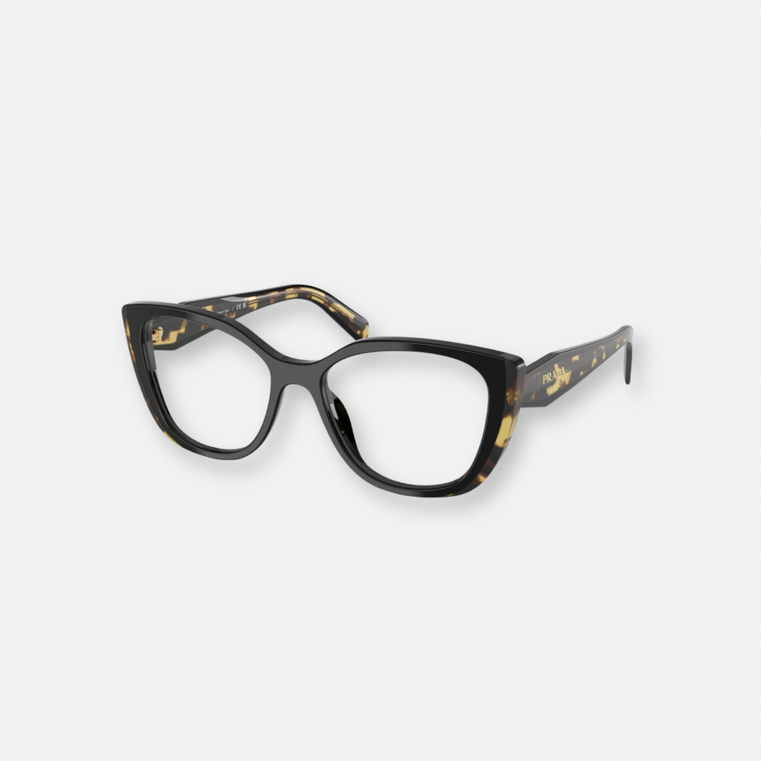 Prada PR B04V 3891O1 black eyeglasses with camouflage detail