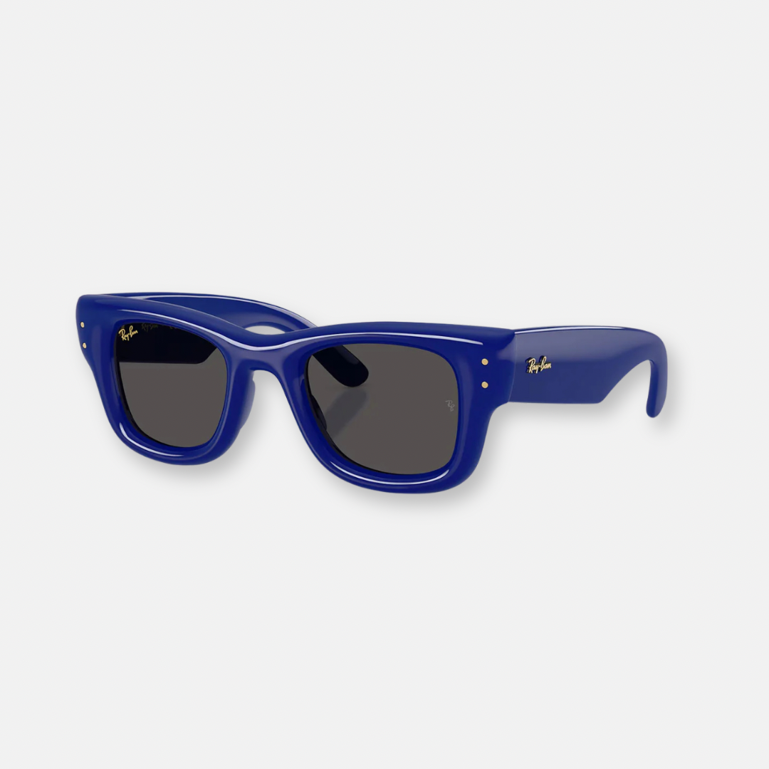 Ray-Ban Wayfarer Puffer sunglasses with shiny blue lenses and Ultra Black lenses 